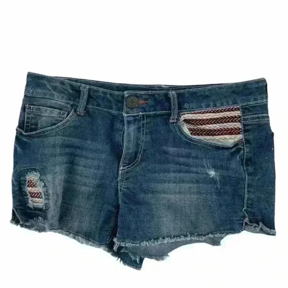 Mudd Girls Stretch Patch  Frayed Raw Hem Denim Distressed Jeans Shorts Size 16 - Picture 3 of 9